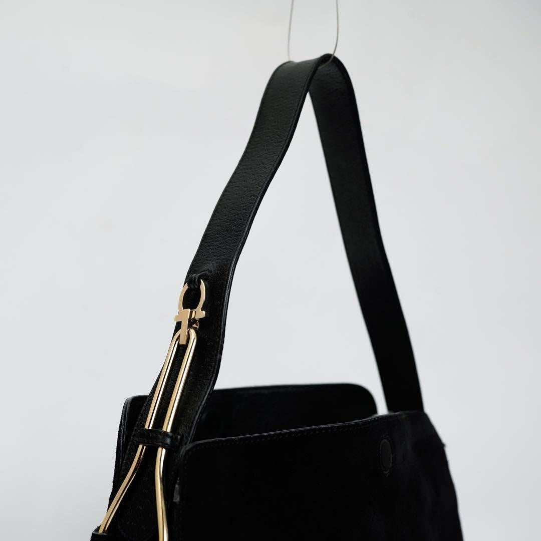 Salvatore Ferragamo Shoulder Bag Purse Gancini Suede Leather Black Authentic