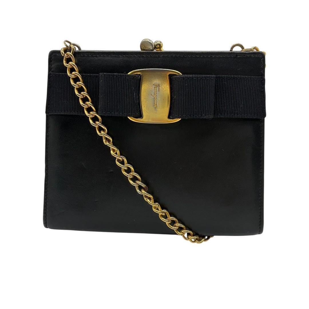 Salvatore Ferragamo Shoulder Bag Purse Vara Ribbon Chain Black Navy Authentic