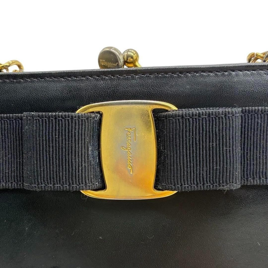 Salvatore Ferragamo Shoulder Bag Purse Vara Ribbon Chain Black Navy Authentic