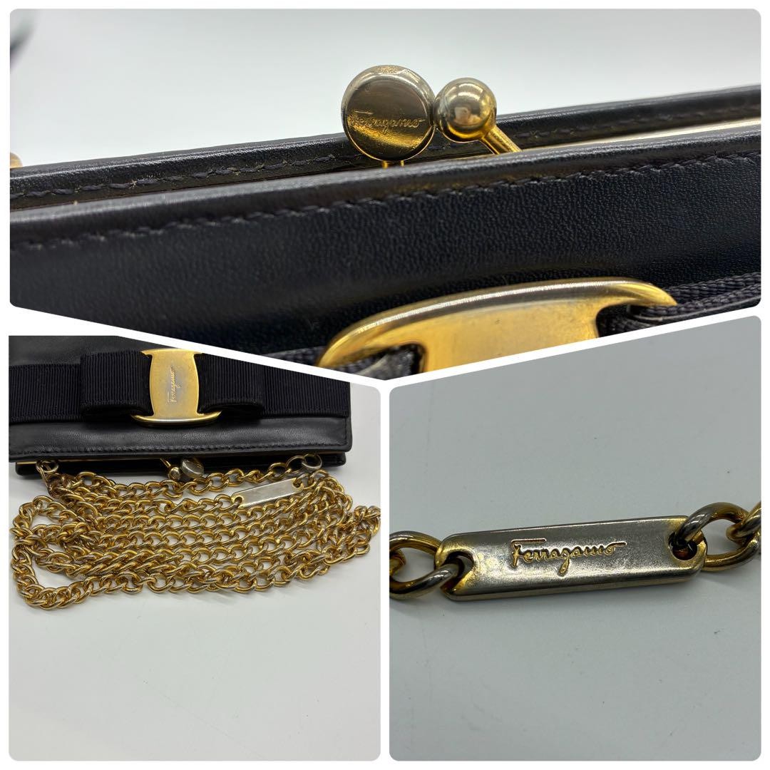 Salvatore Ferragamo Shoulder Bag Purse Vara Ribbon Chain Black Navy Authentic