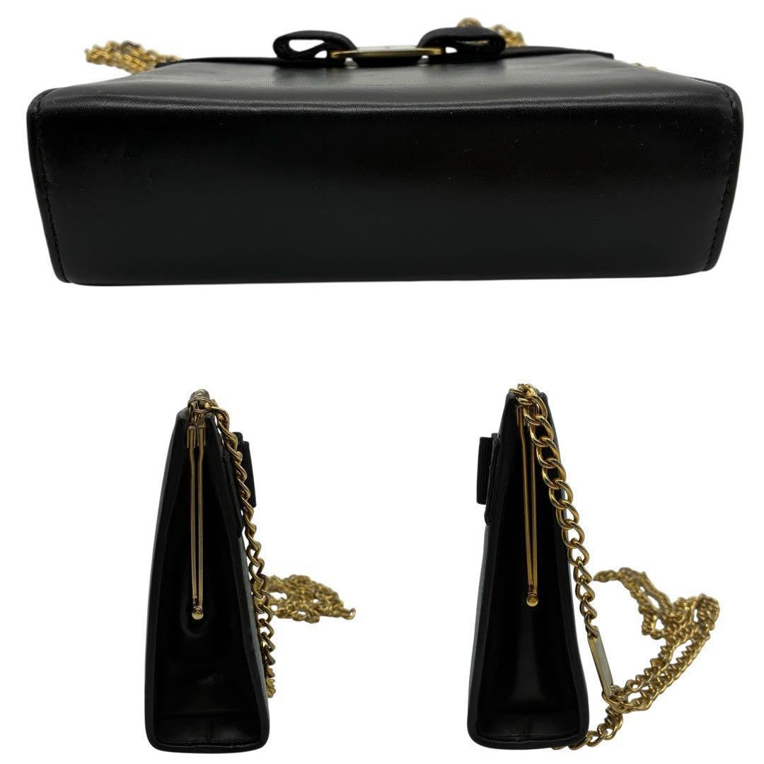 Salvatore Ferragamo Shoulder Bag Purse Vara Ribbon Chain Black Navy Authentic