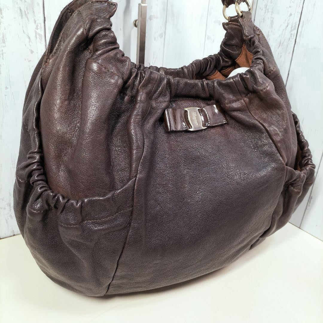Salvatore Ferragamo Hand Bag Tote Purse Vara Ribbon Leather Brown Authentic