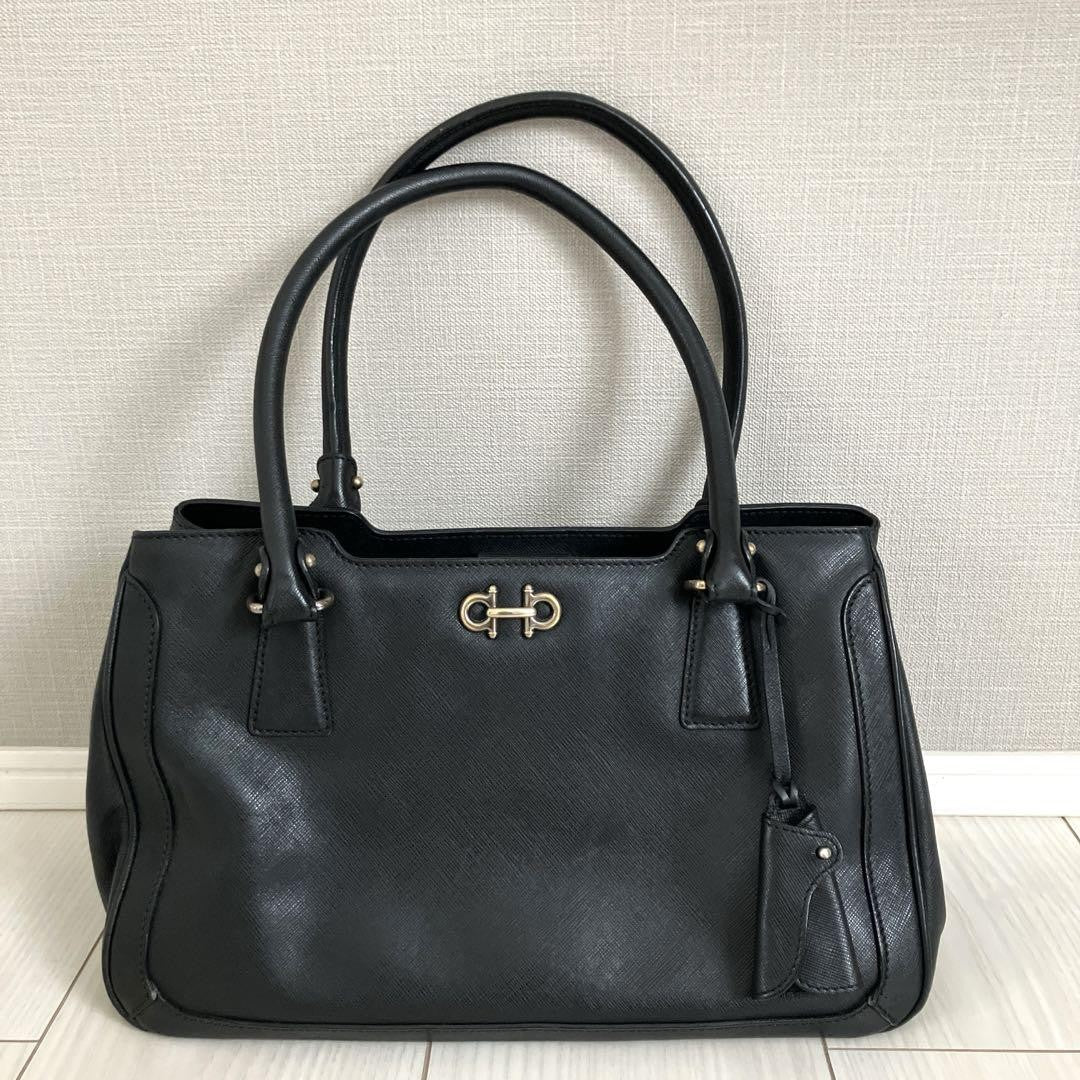 Salvatore Ferragamo Hand Bag Tote Purse Gancini Black Authentic