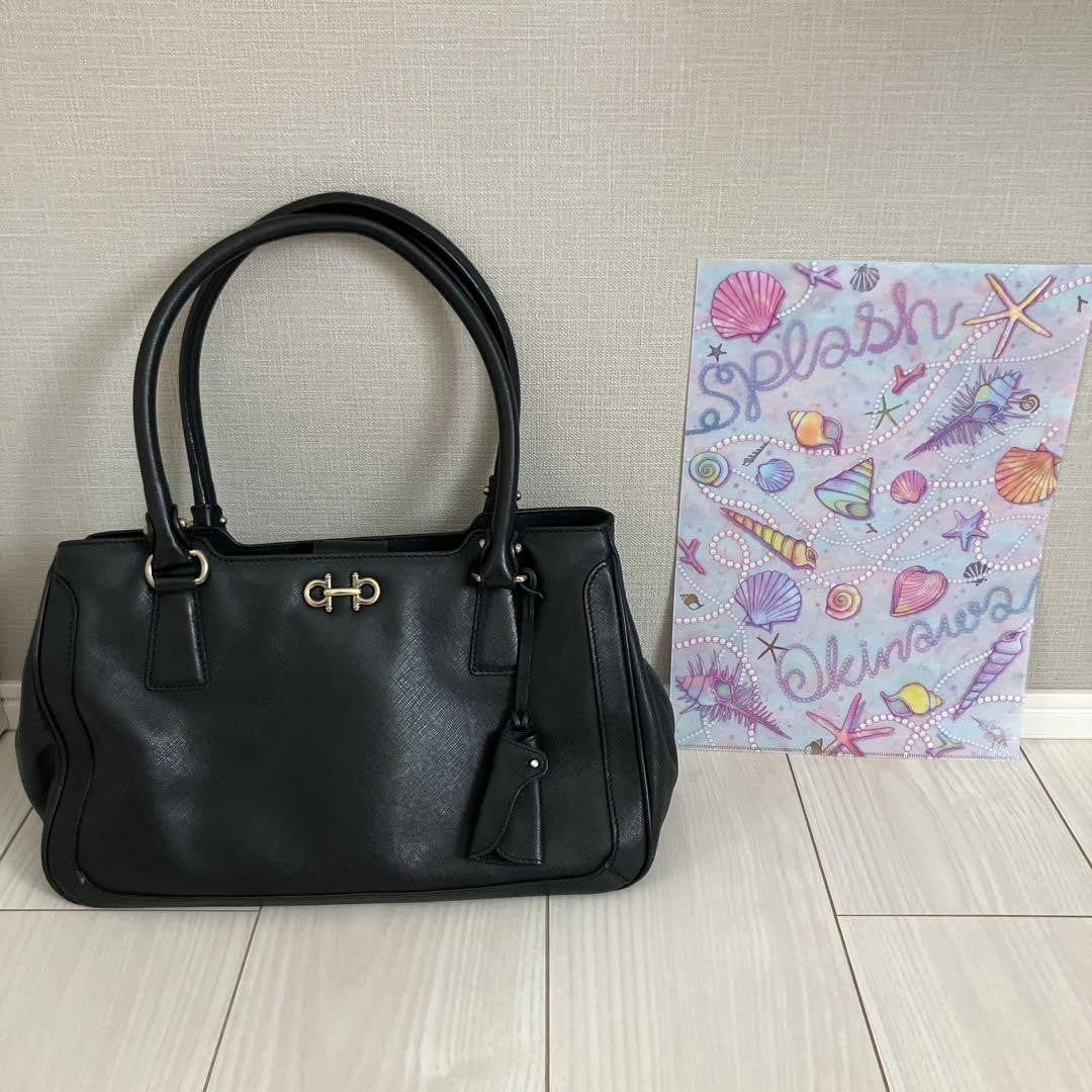 Salvatore Ferragamo Hand Bag Tote Purse Gancini Black Authentic