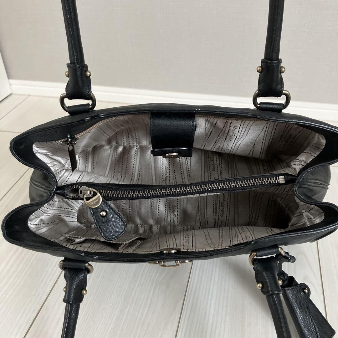 Salvatore Ferragamo Hand Bag Tote Purse Gancini Black Authentic