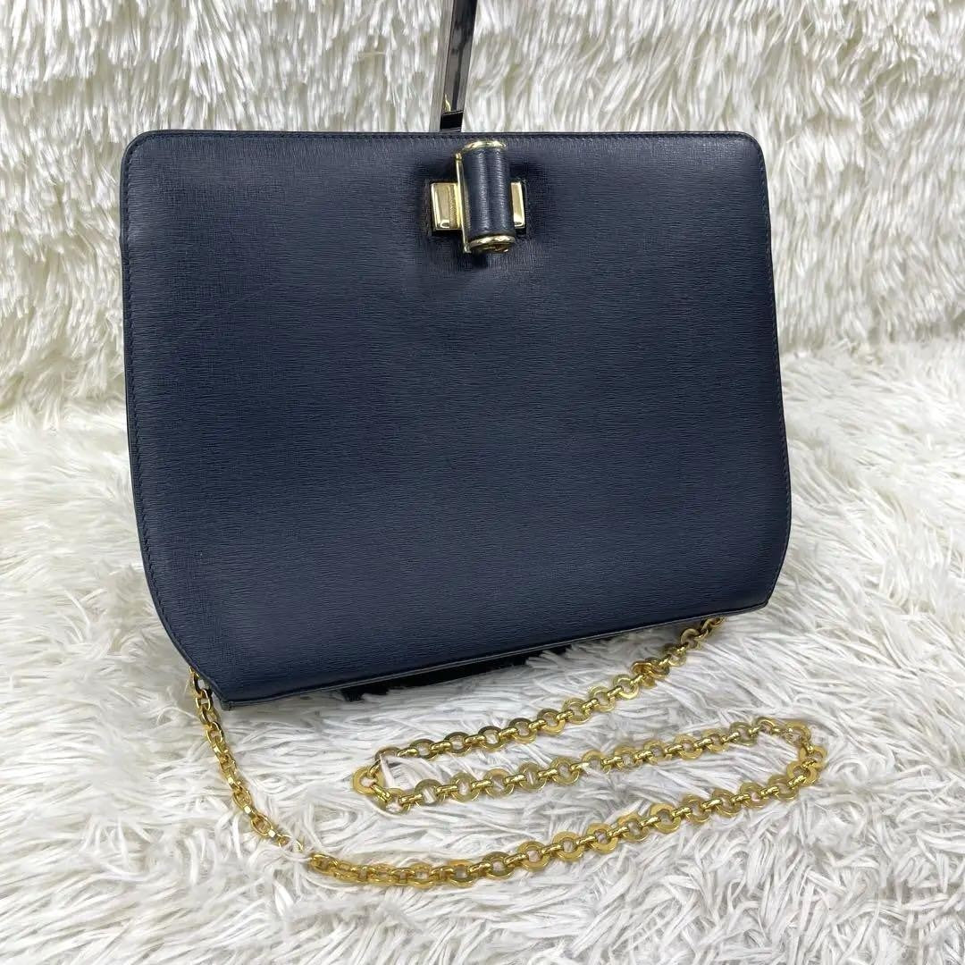Salvatore Ferragamo Shoulder Bag Purse Chain Leather Navy Authentic