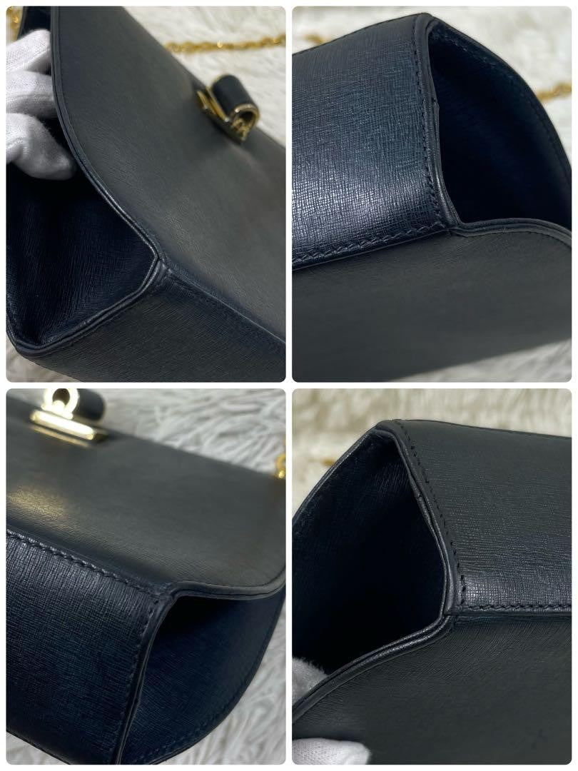 Salvatore Ferragamo Shoulder Bag Purse Chain Leather Navy Authentic