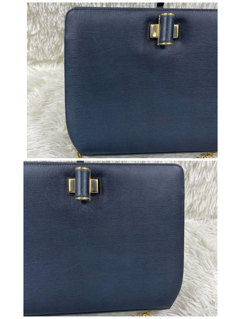 Salvatore Ferragamo Shoulder Bag Purse Chain Leather Navy Authentic