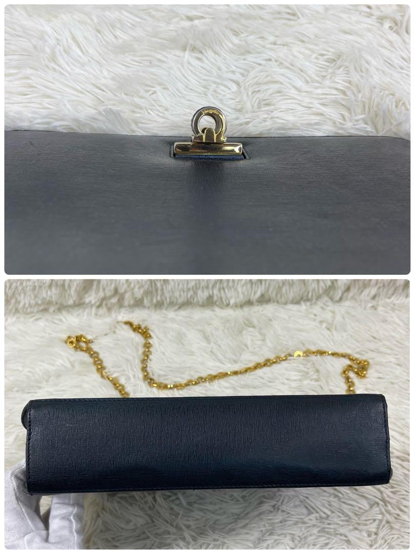 Salvatore Ferragamo Shoulder Bag Purse Chain Leather Navy Authentic
