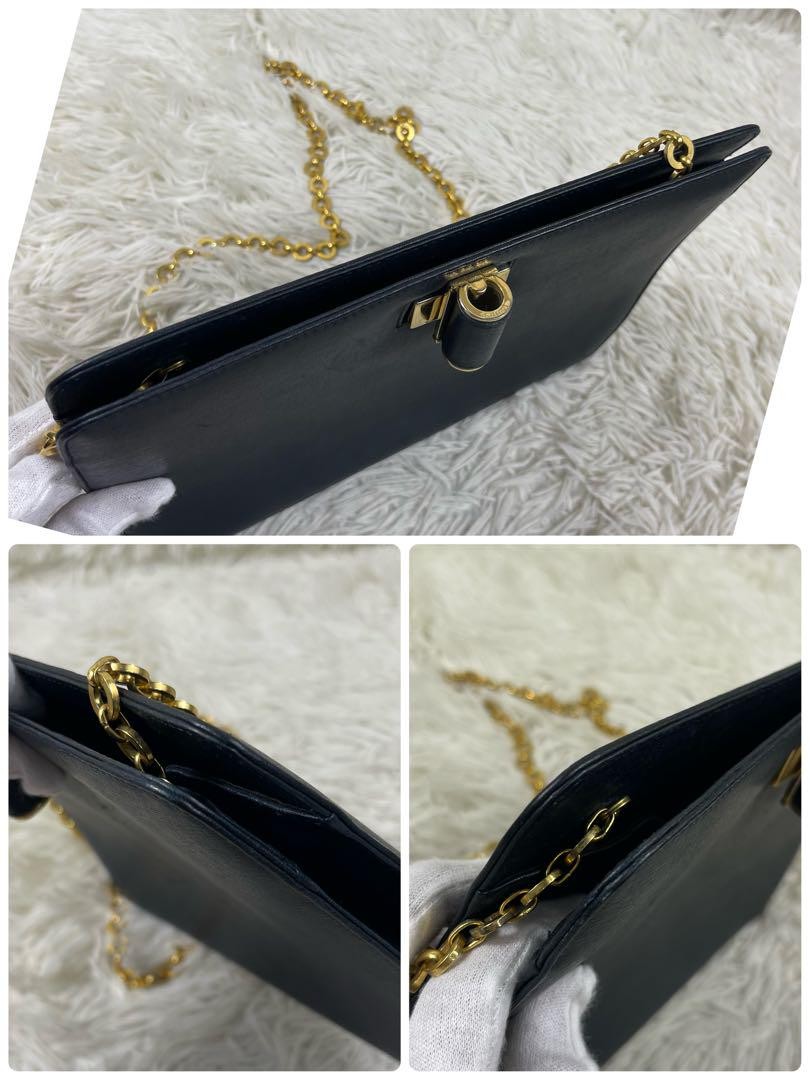 Salvatore Ferragamo Shoulder Bag Purse Chain Leather Navy Authentic