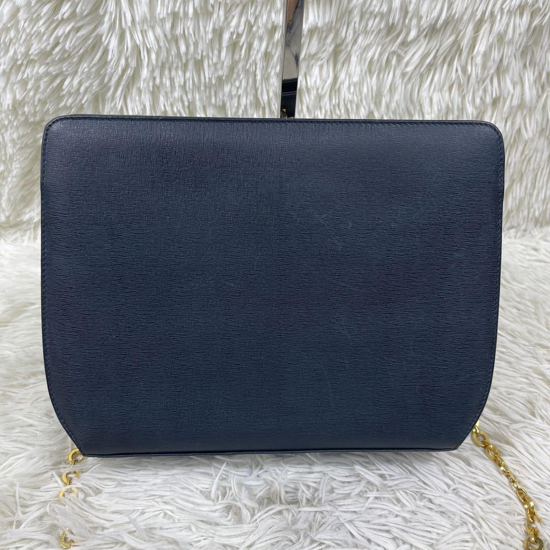 Salvatore Ferragamo Shoulder Bag Purse Chain Leather Navy Authentic