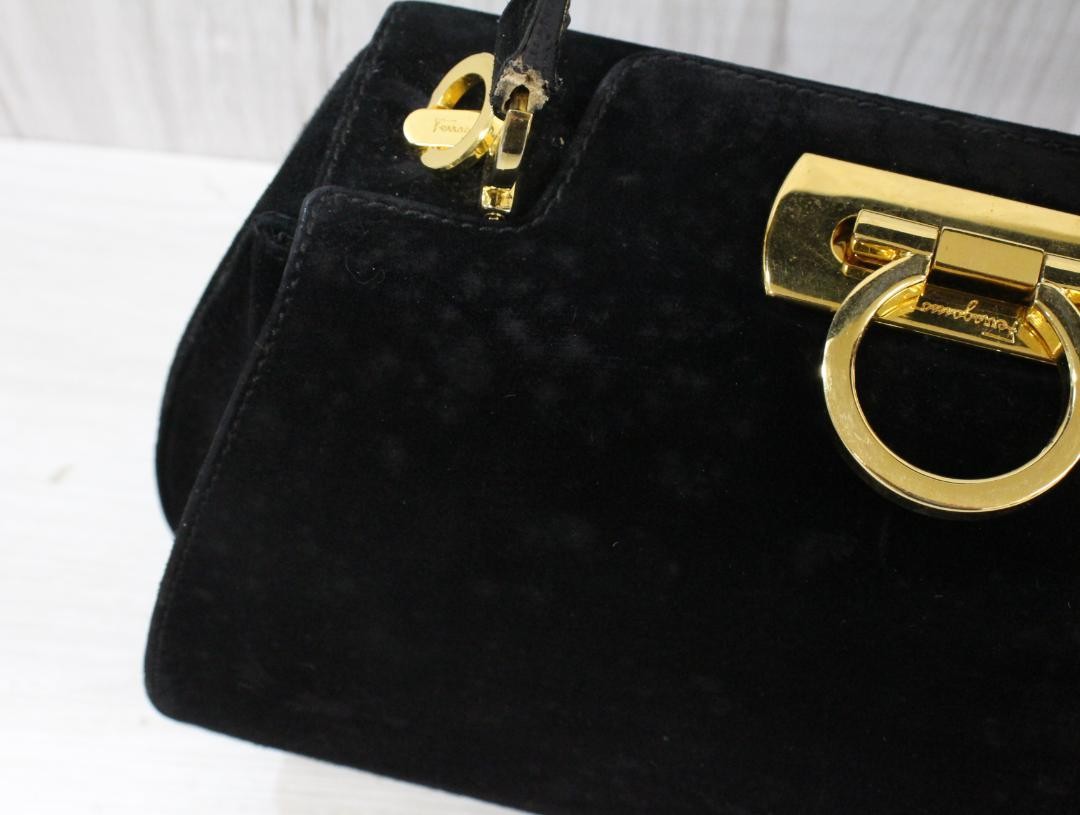 Salvatore Ferragamo Shoulder Bag Purse Gancini Suede Black Authentic