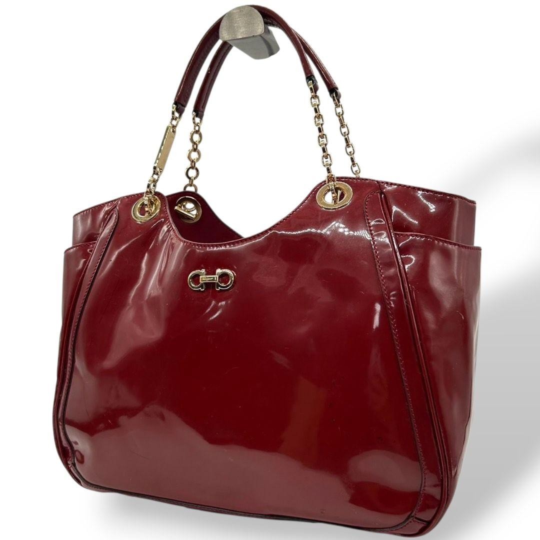 Salvatore Ferragamo Hand Bag Tote Purse Gancini Patent Leather Red Authentic