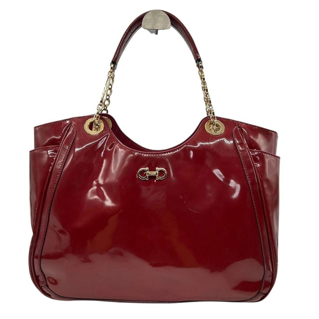 Salvatore Ferragamo Hand Bag Tote Purse Gancini Patent Leather Red Authentic