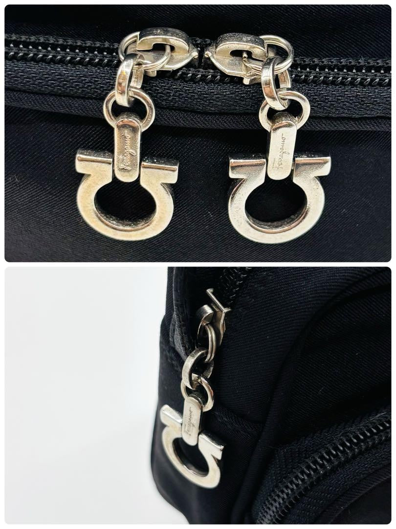Salvatore Ferragamo Shoulder Bag Purse Gancini Canvas Leather Black Authentic