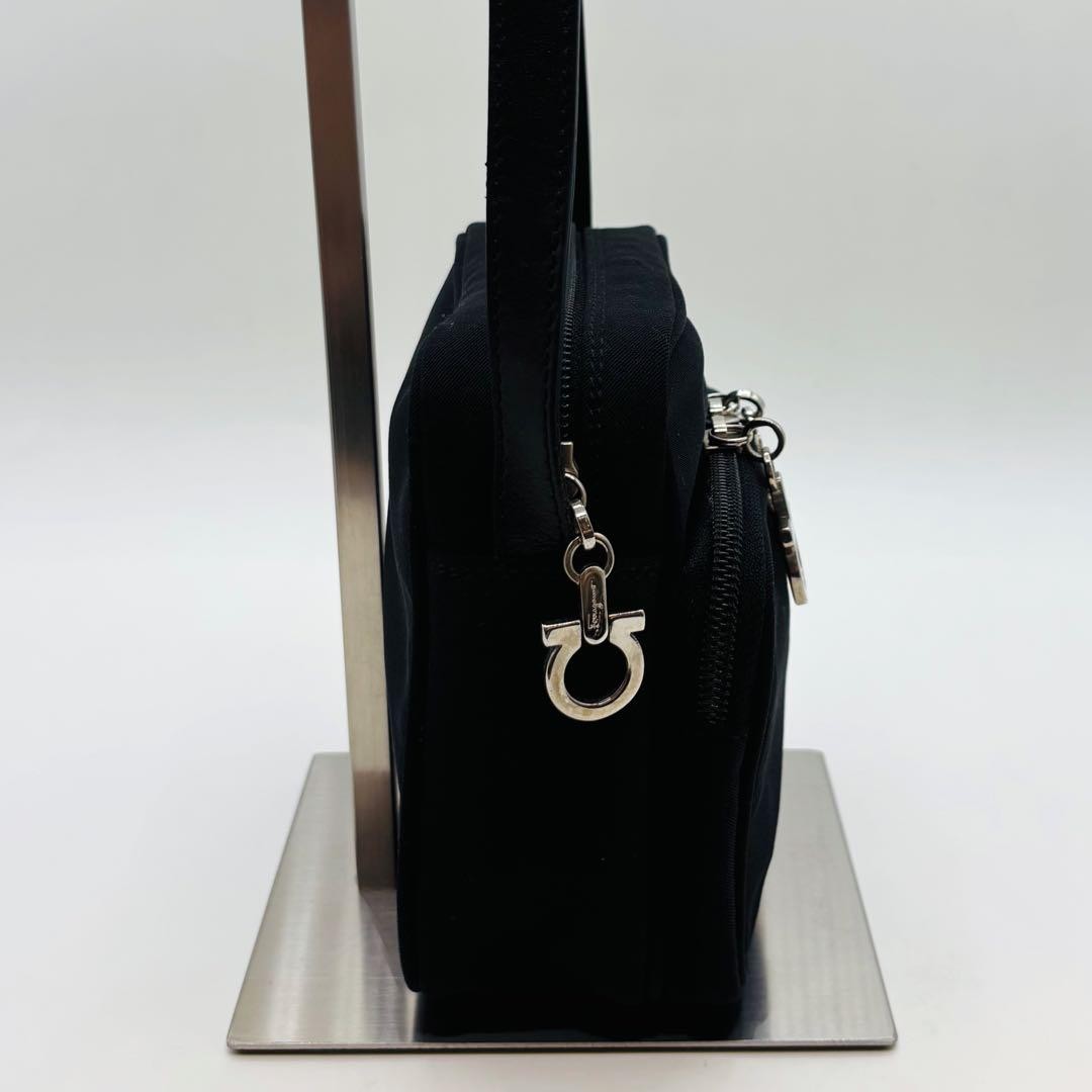 Salvatore Ferragamo Shoulder Bag Purse Gancini Canvas Leather Black Authentic