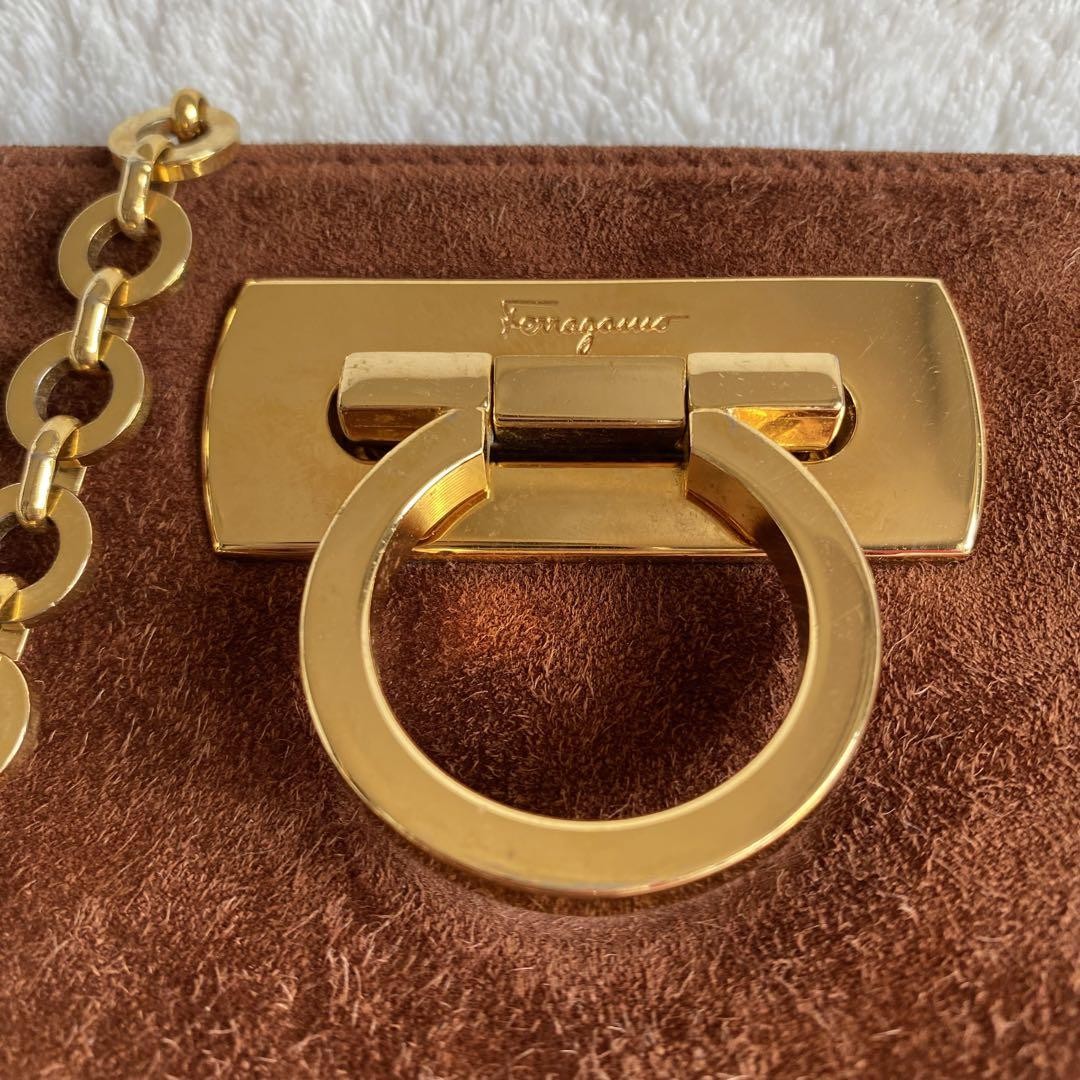 Salvatore Ferragamo Shoulder Bag Purse Gancini Chain Suede Brown Authentic