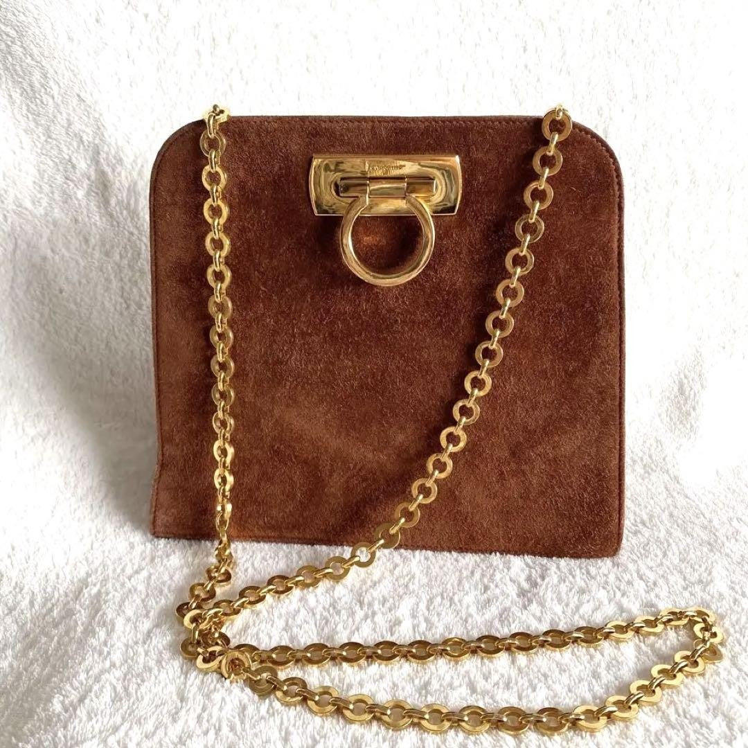 Salvatore Ferragamo Shoulder Bag Purse Gancini Chain Suede Brown Authentic