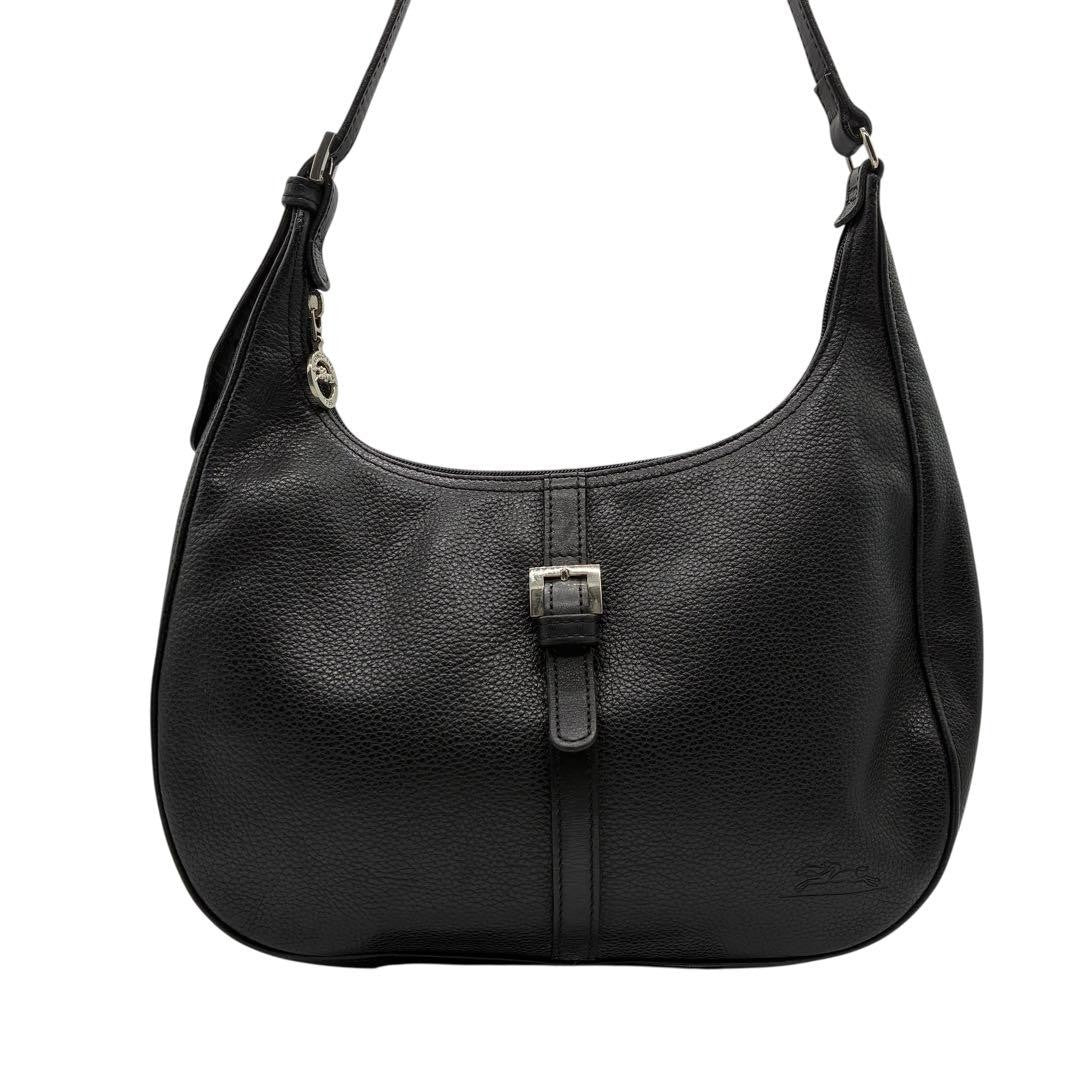 Longchamp Shoulder Bag Purse Leather Black Authentic