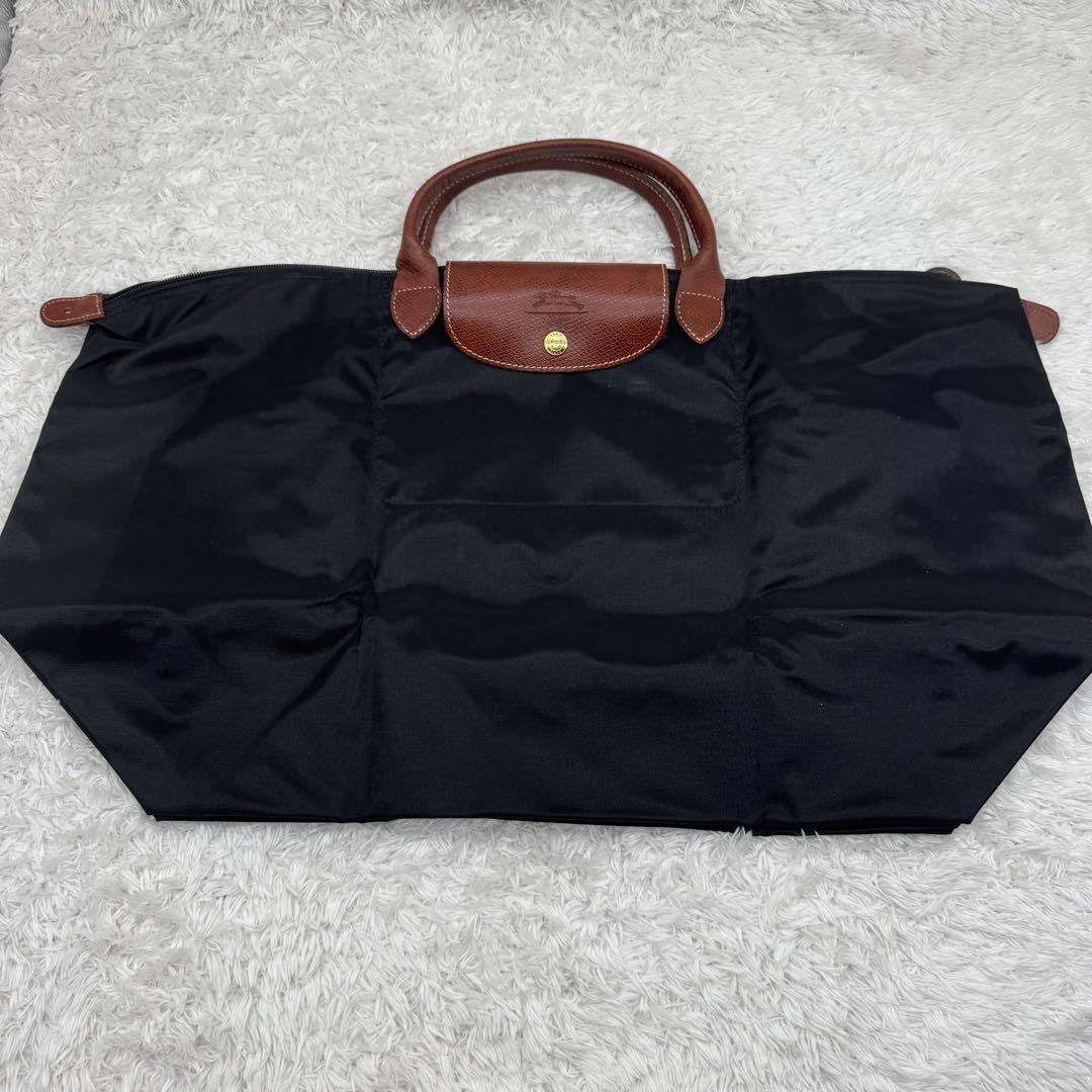 Longchamp Hand Bag Tote Purse Le Pliage Nylon Leather Navy Authentic