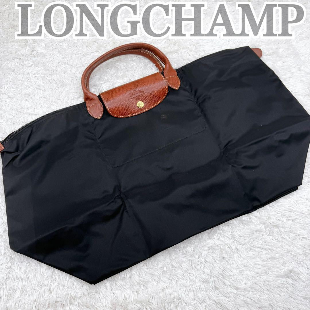 Longchamp Hand Bag Tote Purse Le Pliage Nylon Leather Navy Authentic