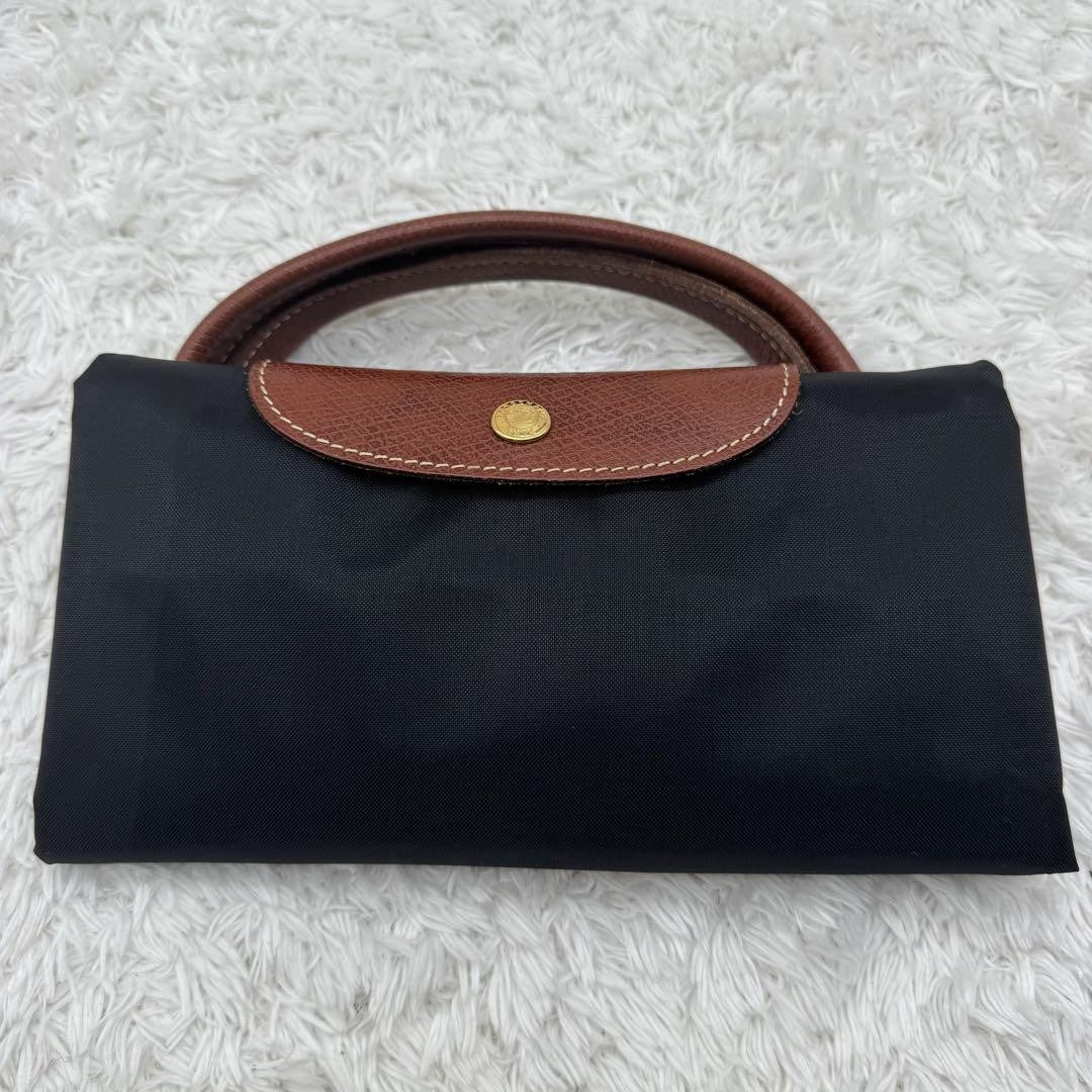 Longchamp Hand Bag Tote Purse Le Pliage Nylon Leather Navy Authentic
