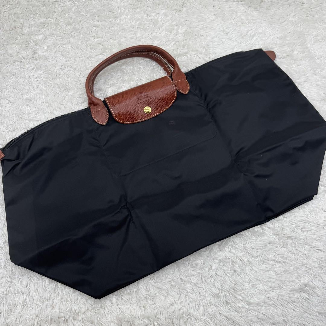 Longchamp Hand Bag Tote Purse Le Pliage Nylon Leather Navy Authentic