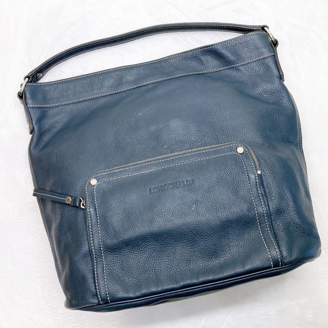 Longchamp Shoulder Bag Purse Leather Navy Authentic