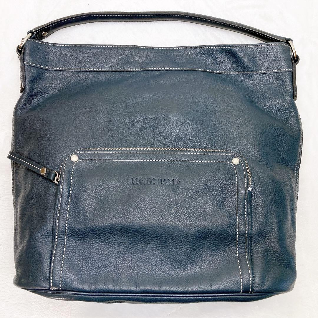 Longchamp Shoulder Bag Purse Leather Navy Authentic