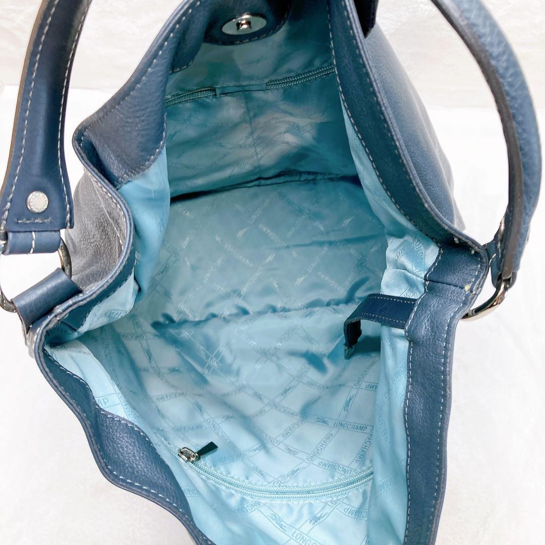Longchamp Shoulder Bag Purse Leather Navy Authentic