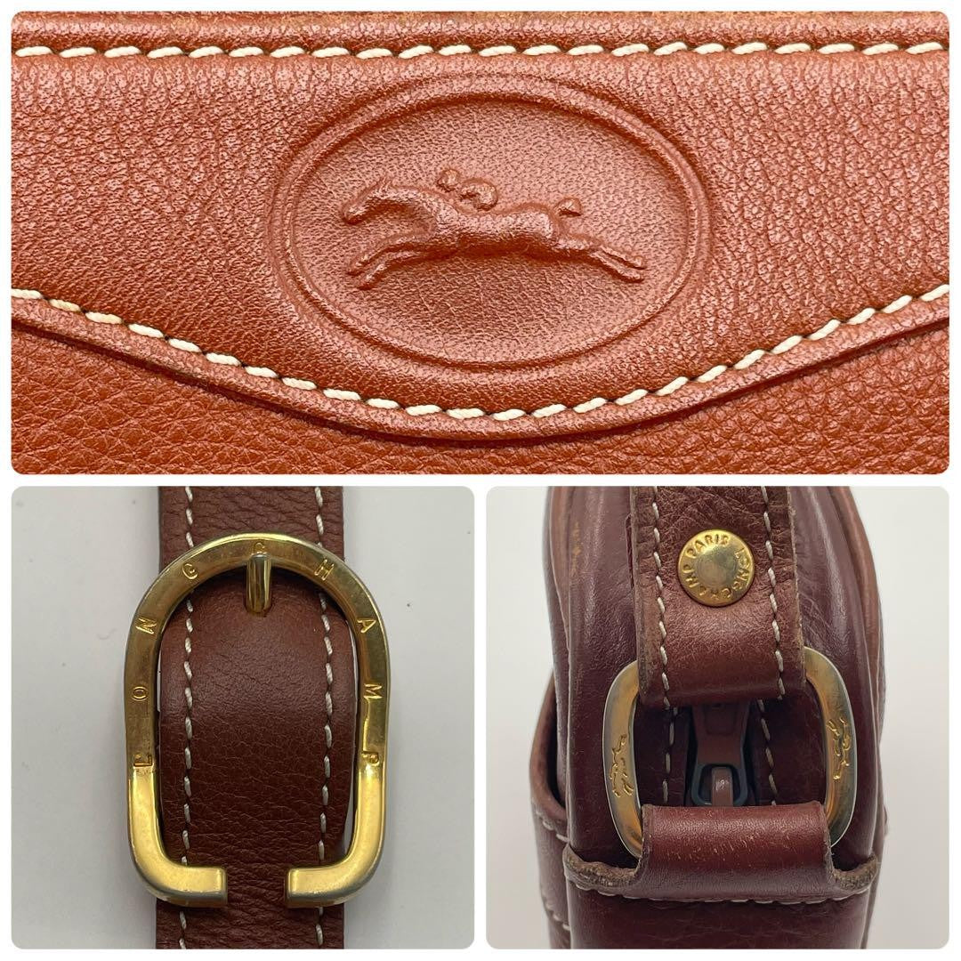 Longchamp Shoulder Bag Purse Leather Brown Authentic