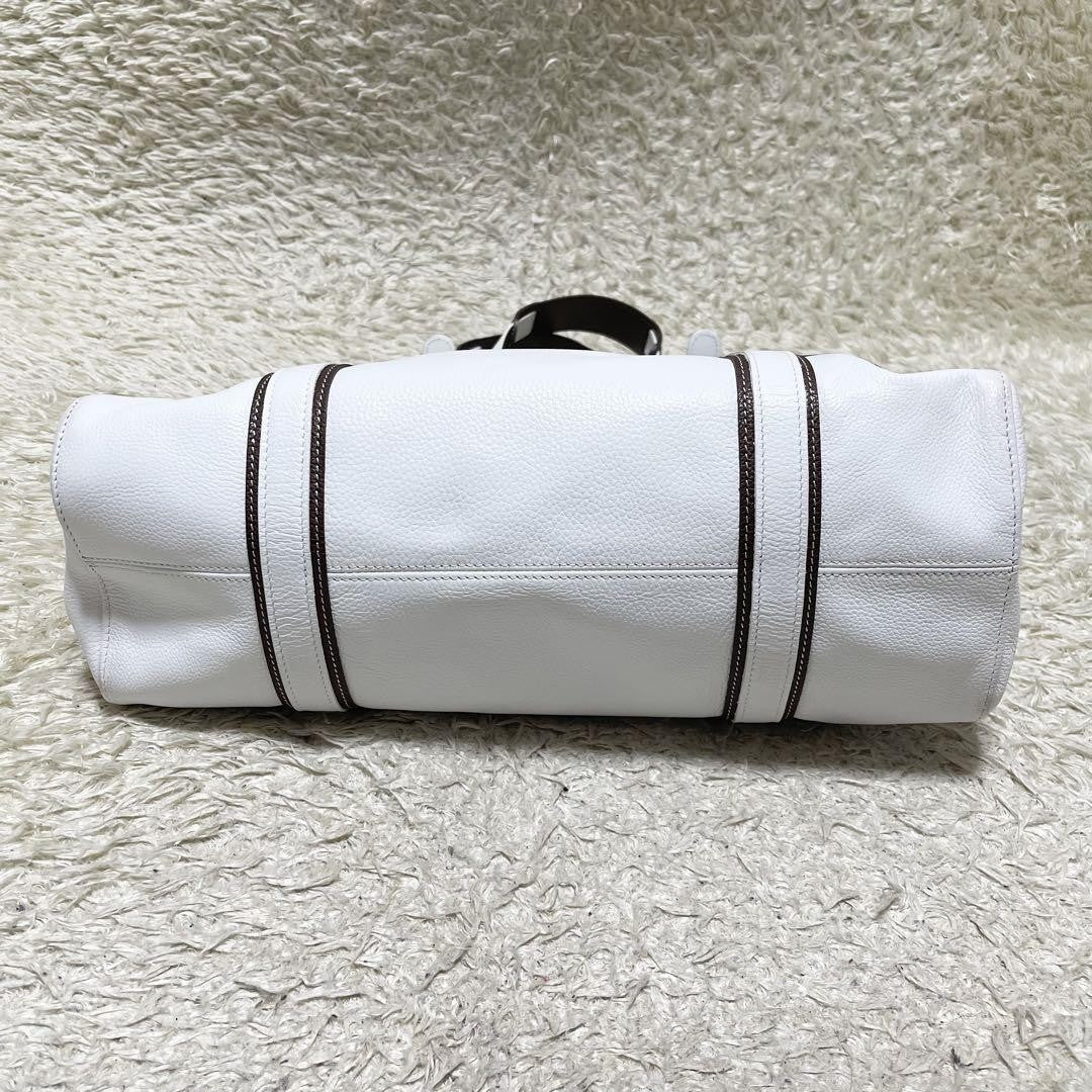 Longchamp Hand Bag Tote Purse Leather White Brown Authentic
