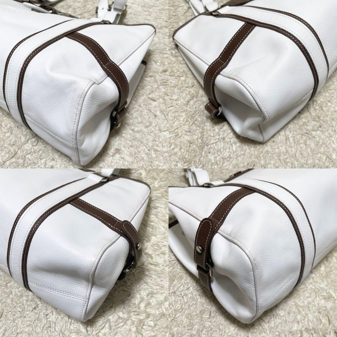 Longchamp Hand Bag Tote Purse Leather White Brown Authentic