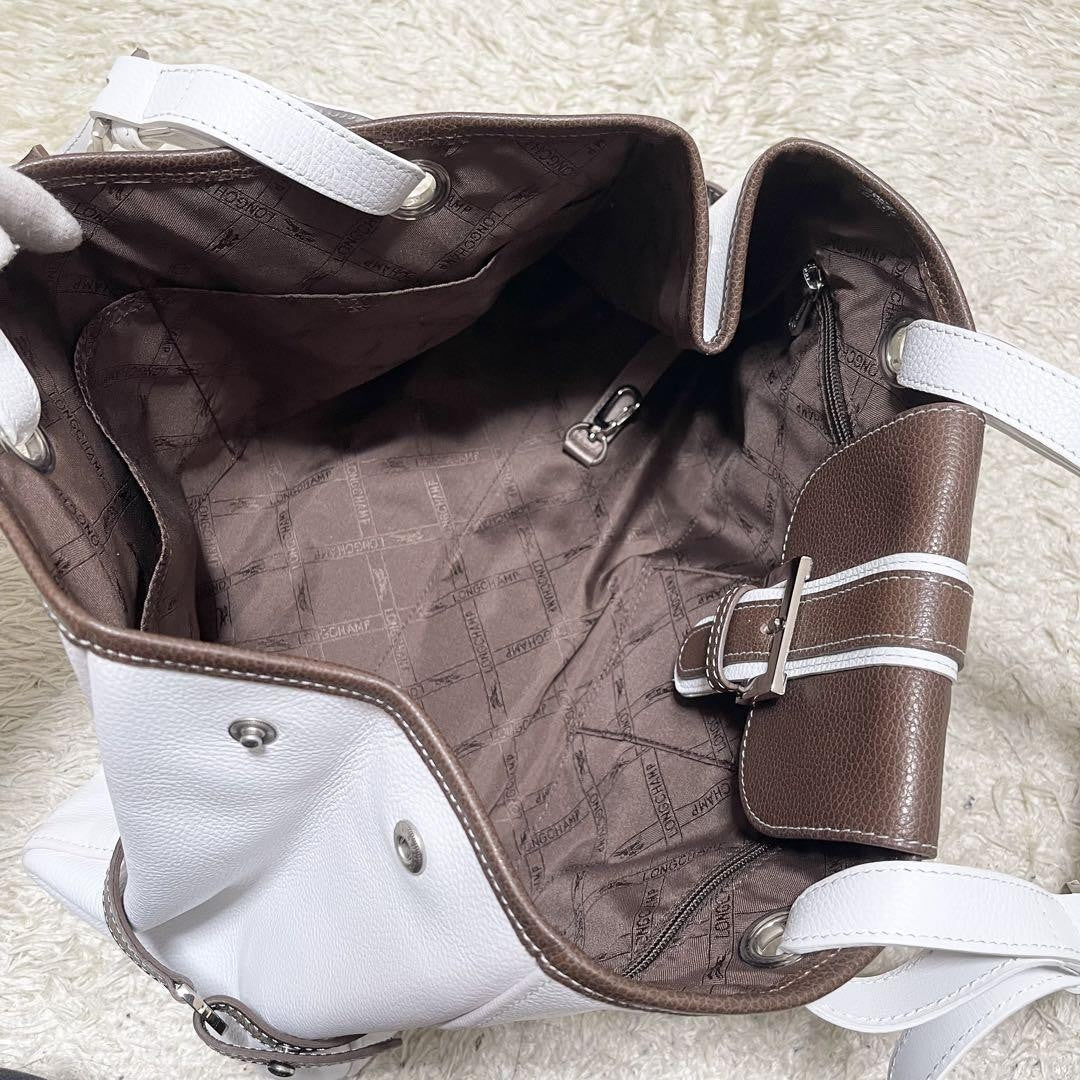 Longchamp Hand Bag Tote Purse Leather White Brown Authentic