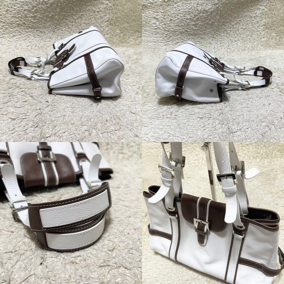 Longchamp Hand Bag Tote Purse Leather White Brown Authentic