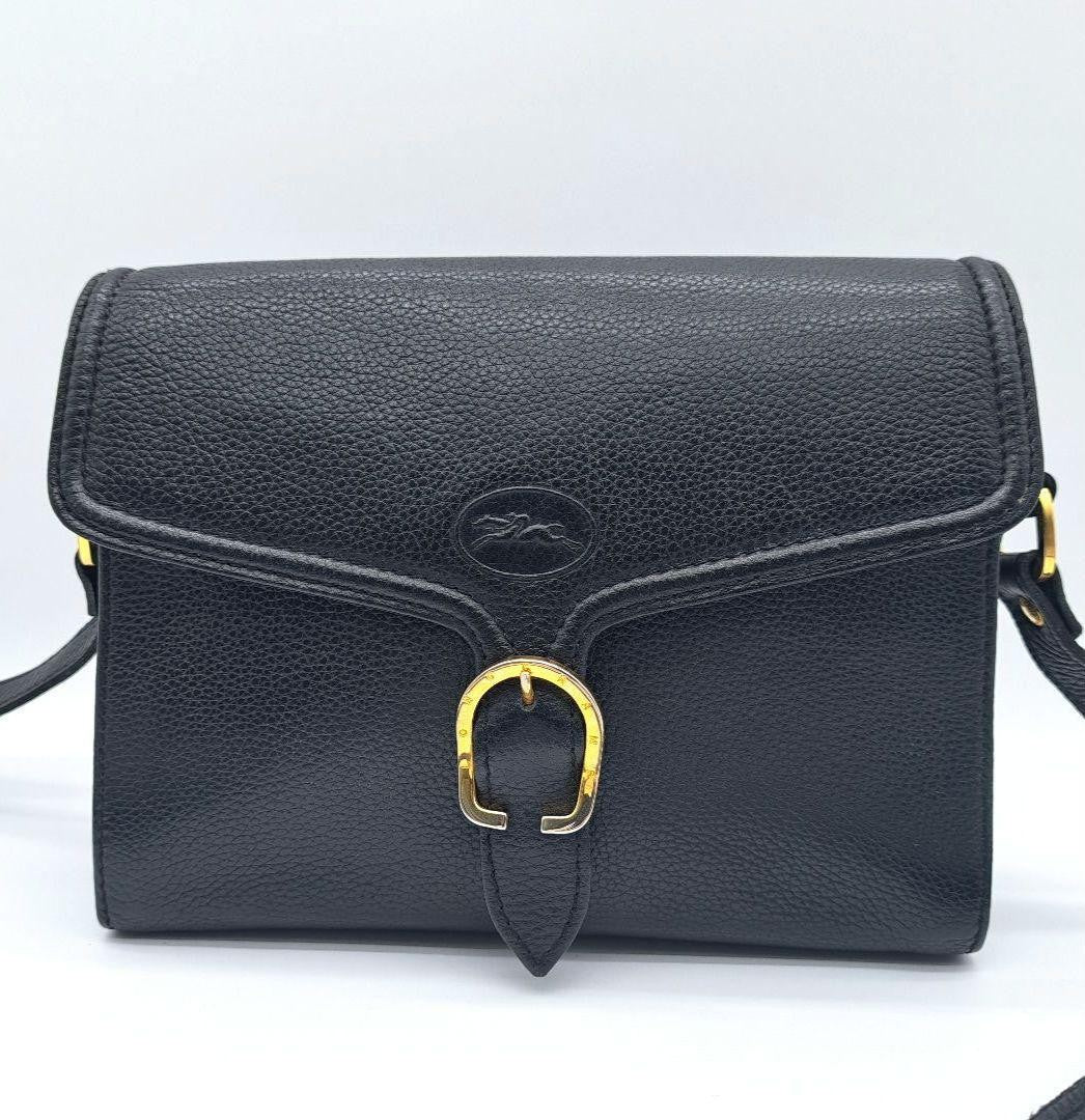 Longchamp Shoulder Bag Purse Leather Black Authentic