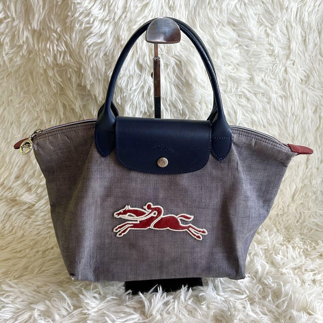 Longchamp Hand Bag Tote Purse Le Pliage Leather Denim Canvas Blue Authentic