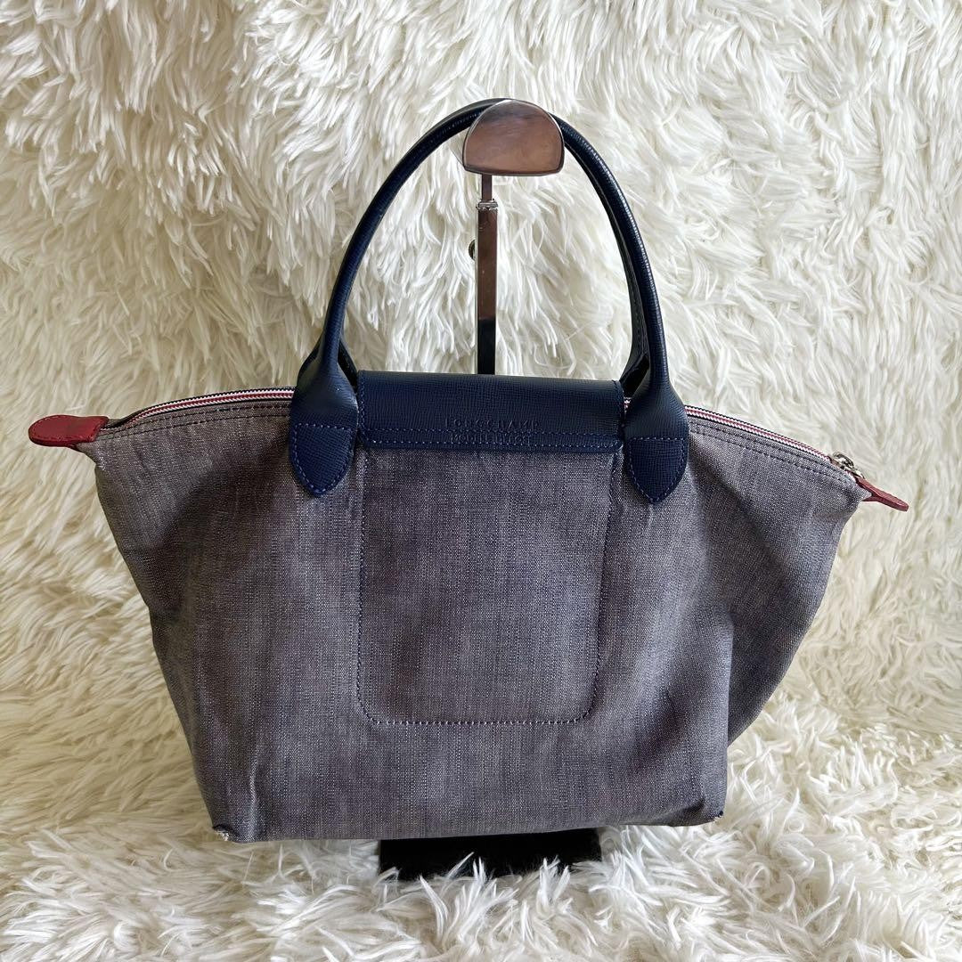 Longchamp Hand Bag Tote Purse Le Pliage Leather Denim Canvas Blue Authentic