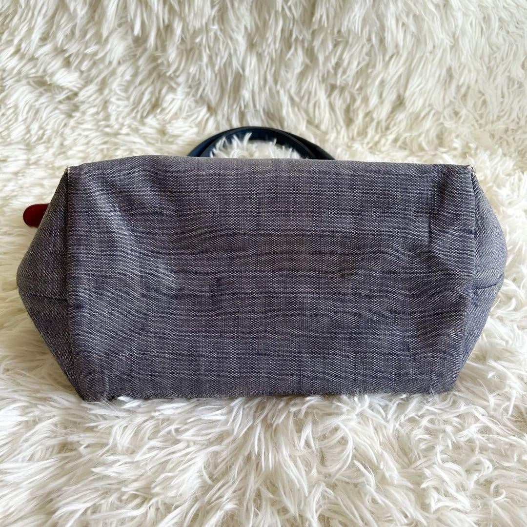 Longchamp Hand Bag Tote Purse Le Pliage Leather Denim Canvas Blue Authentic