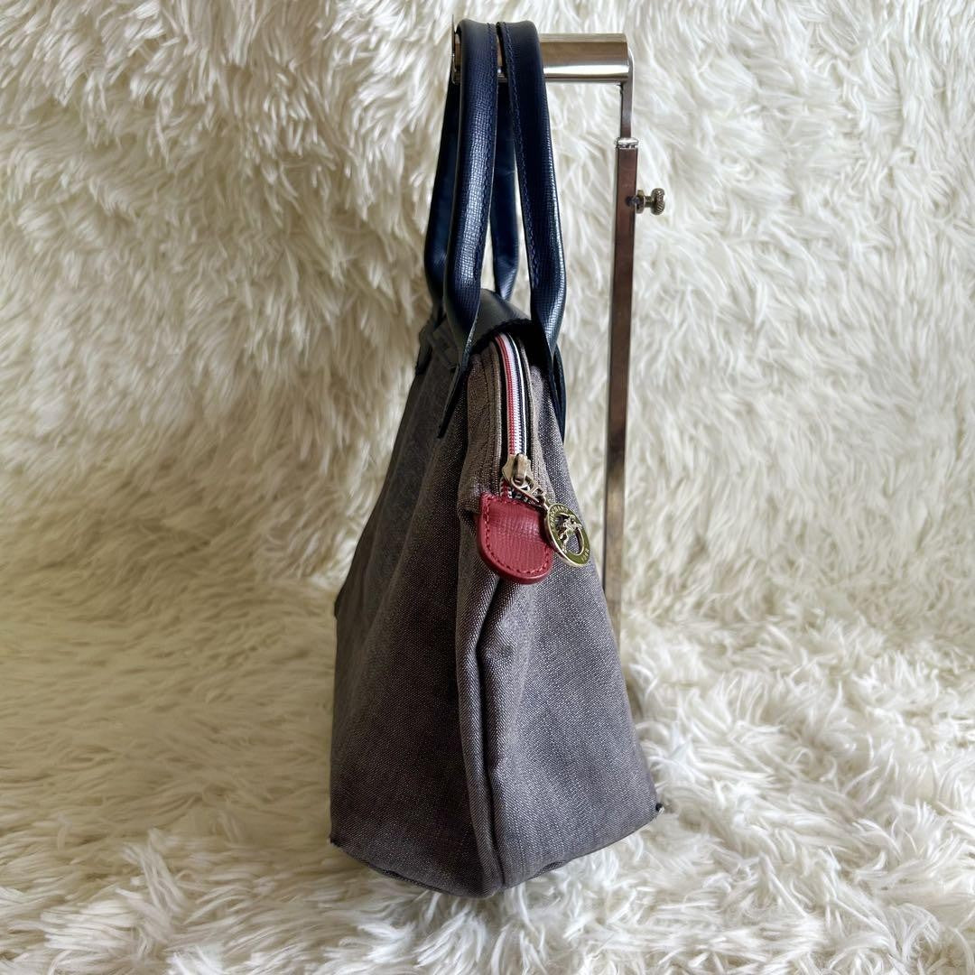 Longchamp Hand Bag Tote Purse Le Pliage Leather Denim Canvas Blue Authentic