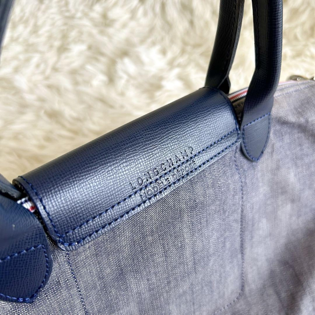 Longchamp Hand Bag Tote Purse Le Pliage Leather Denim Canvas Blue Authentic