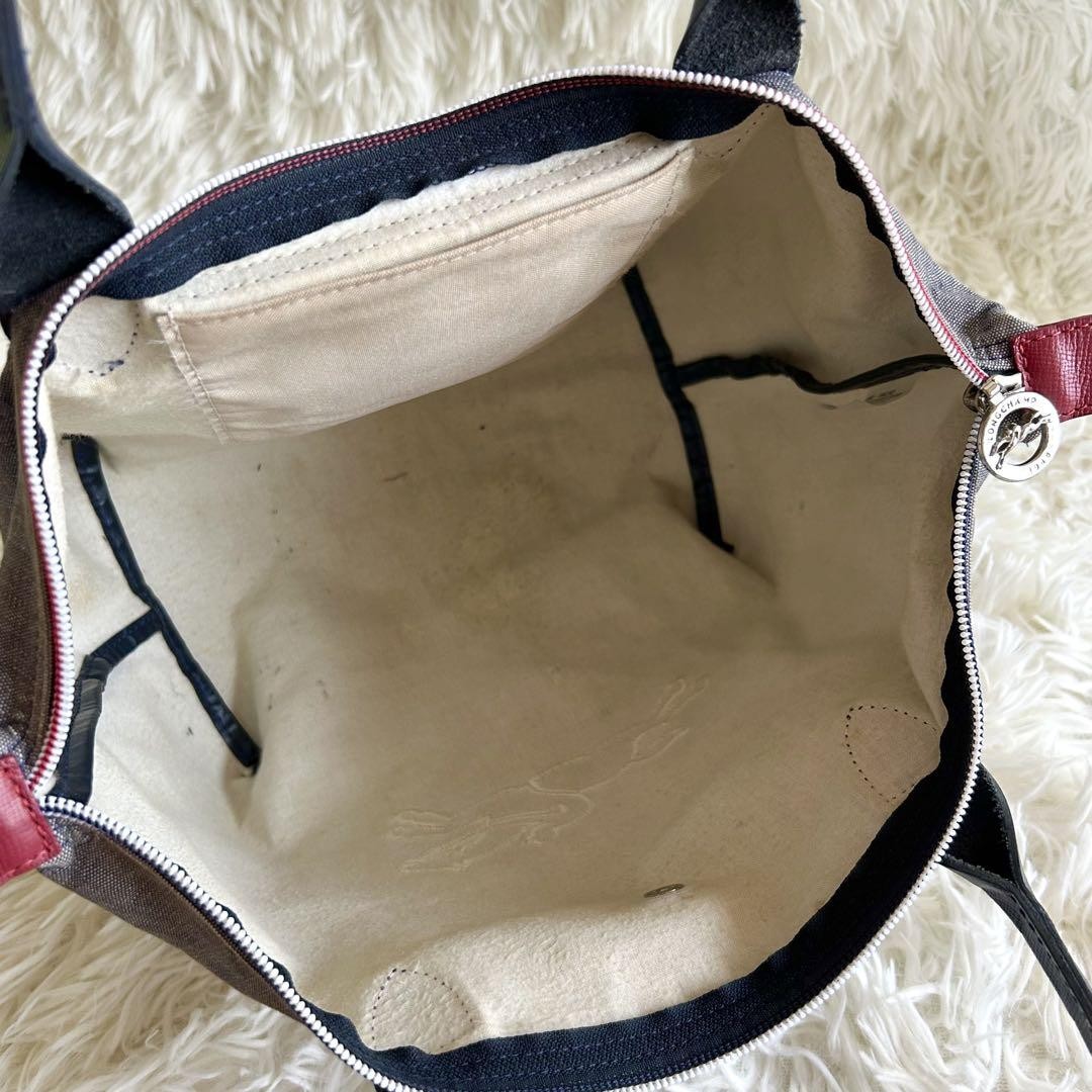 Longchamp Hand Bag Tote Purse Le Pliage Leather Denim Canvas Blue Authentic
