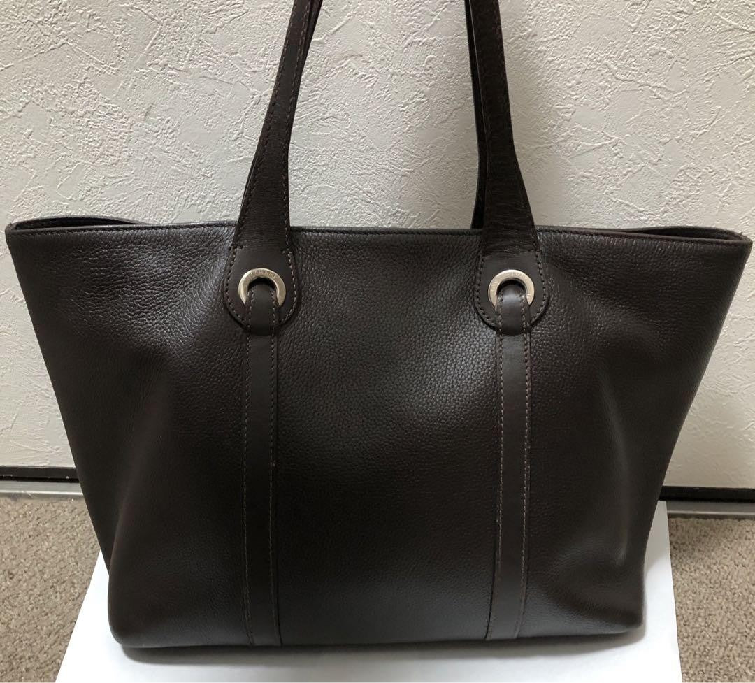 Longchamp Hand Bag Tote Purse Leather Dark Brown Authentic