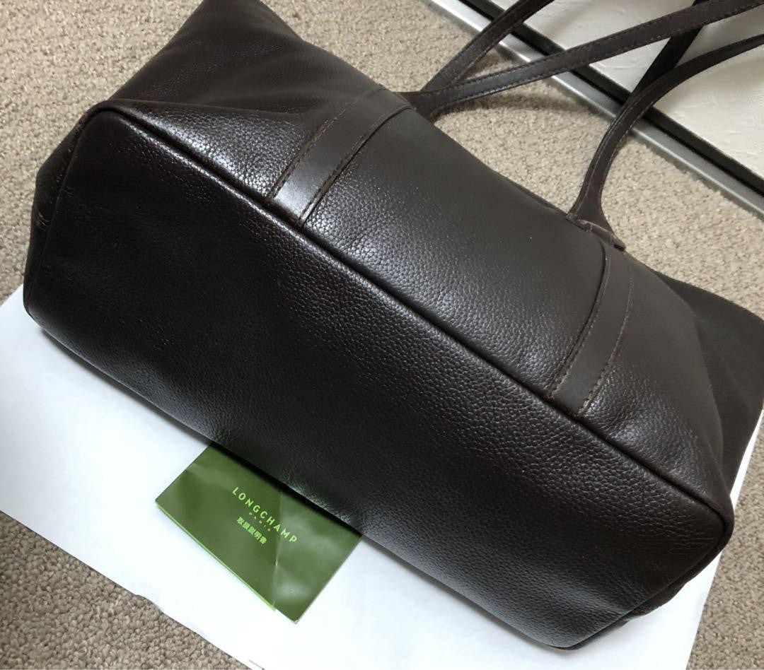 Longchamp Hand Bag Tote Purse Leather Dark Brown Authentic