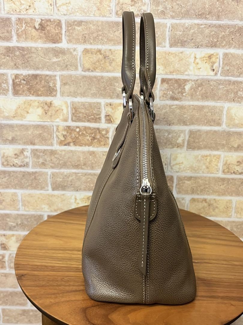 Longchamp Hand Bag Tote Purse Leather Mocha Brown Greige Authentic