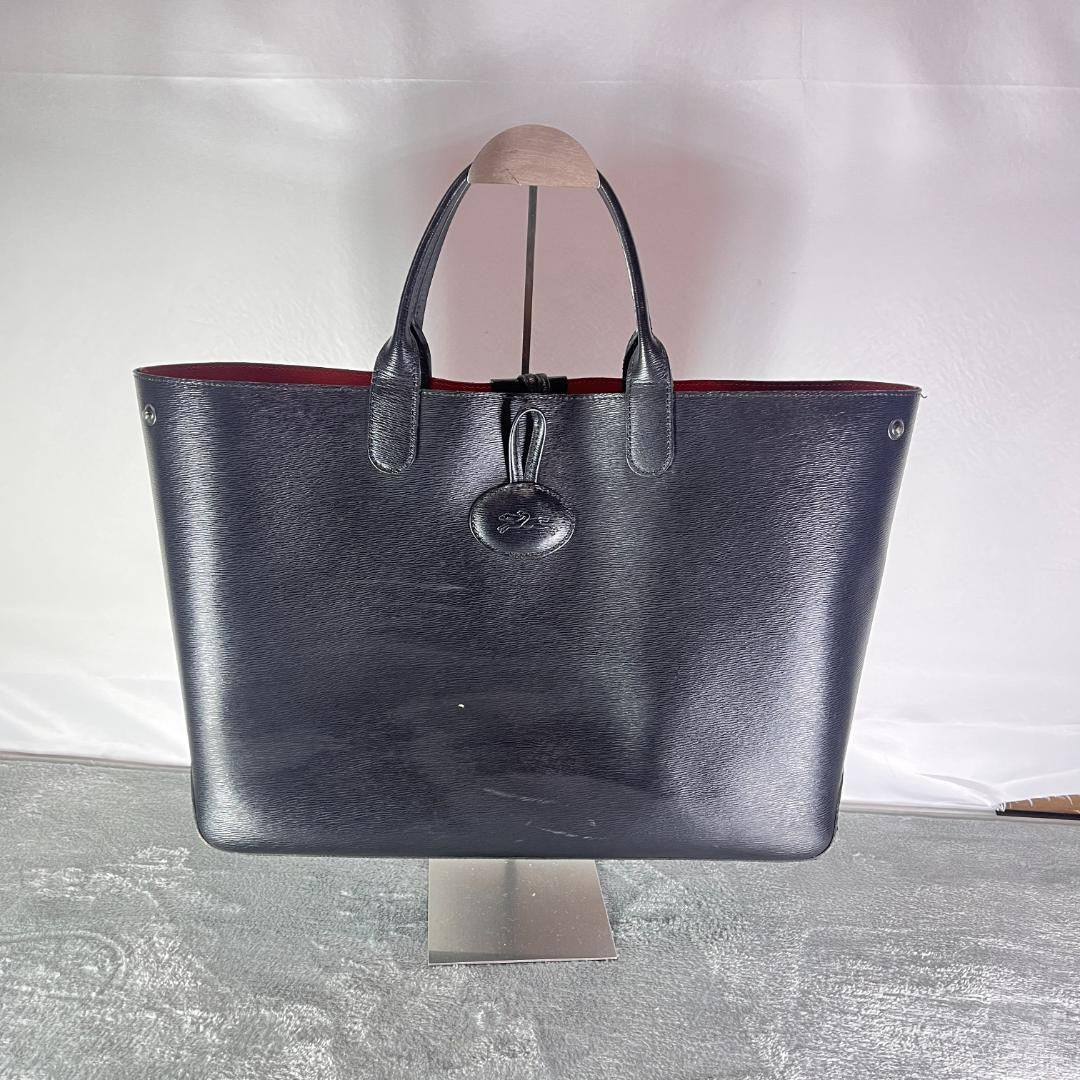 Longchamp Hand Bag Tote Purse Leather Black Red Authentic