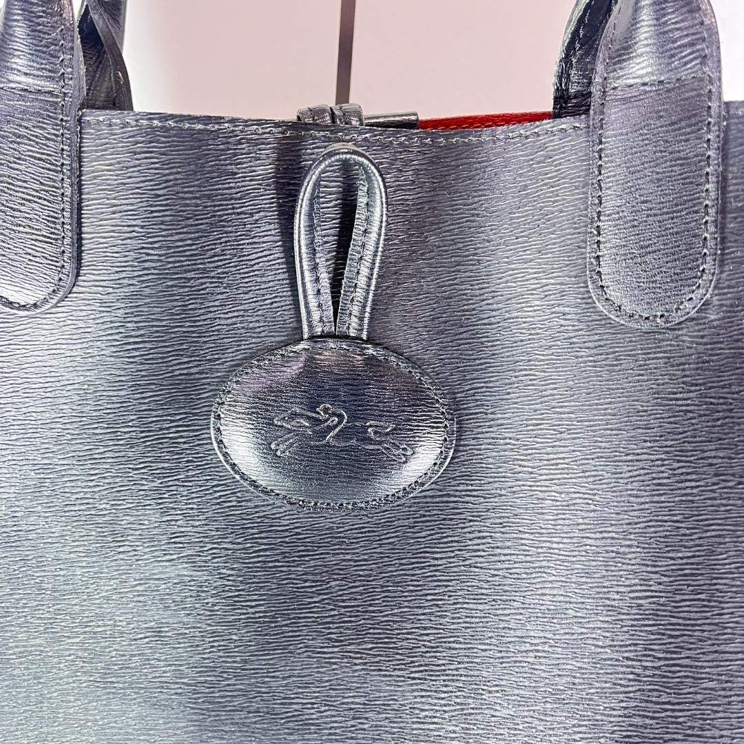Longchamp Hand Bag Tote Purse Leather Black Red Authentic