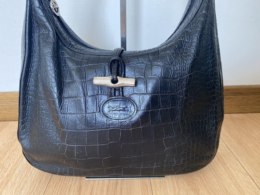 Longchamp Shoulder Bag Purse Leather Black Authentic