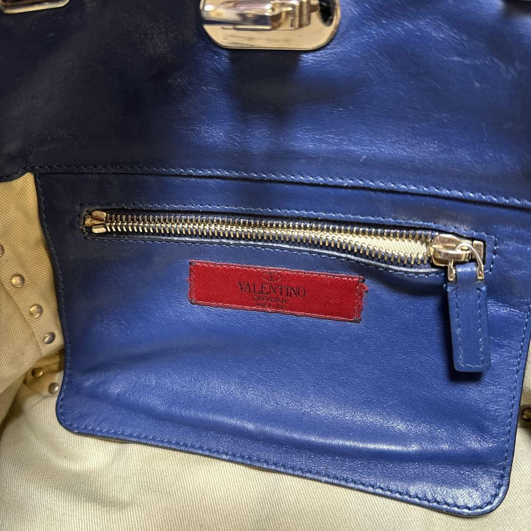 Valentino Hand Bag Tote Purse Rockstuds Leather Navy Authentic