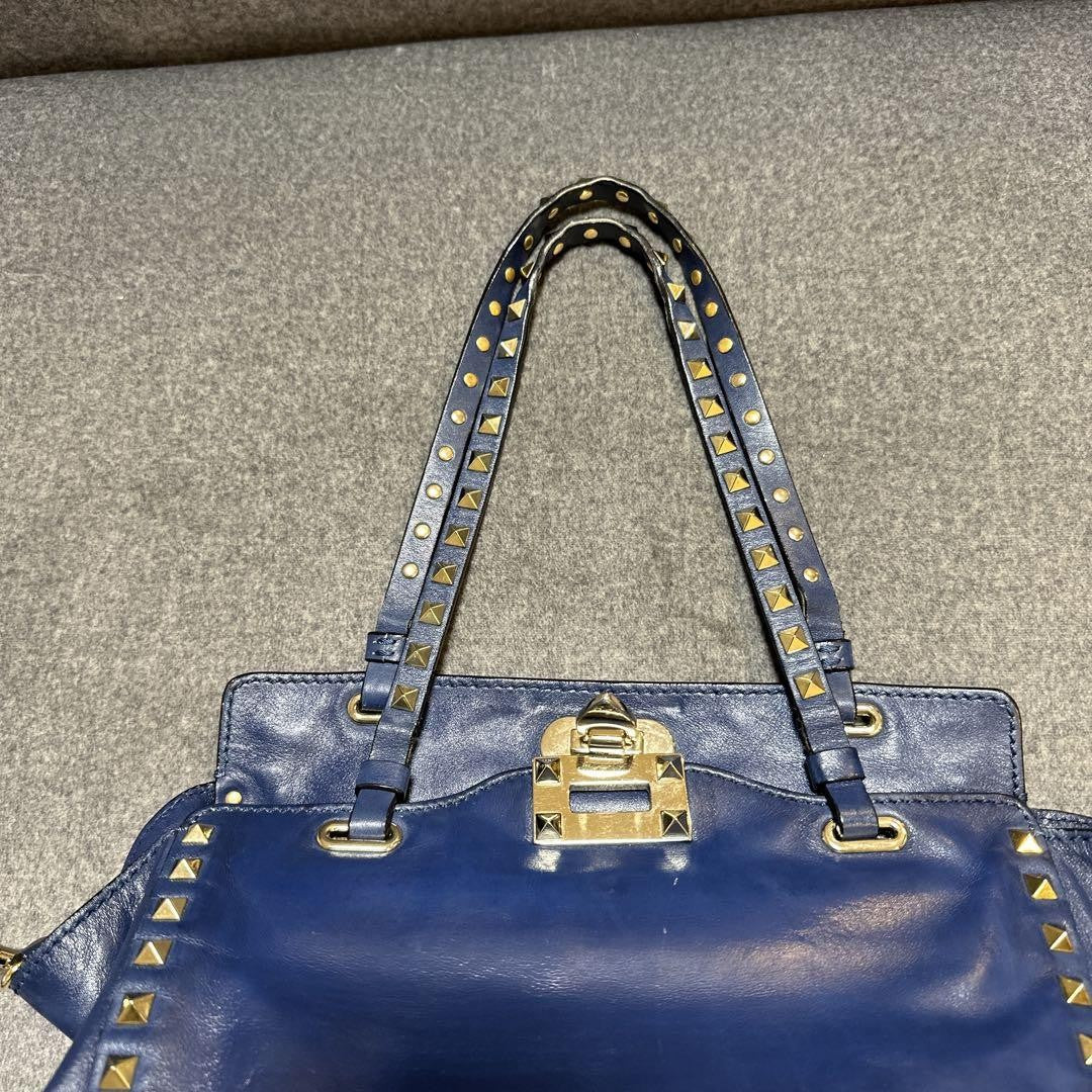 Valentino Hand Bag Tote Purse Rockstuds Leather Navy Authentic